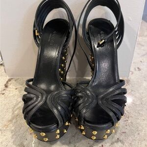 Gucci Black Leather Studded Platform Sandals with Gold Accents